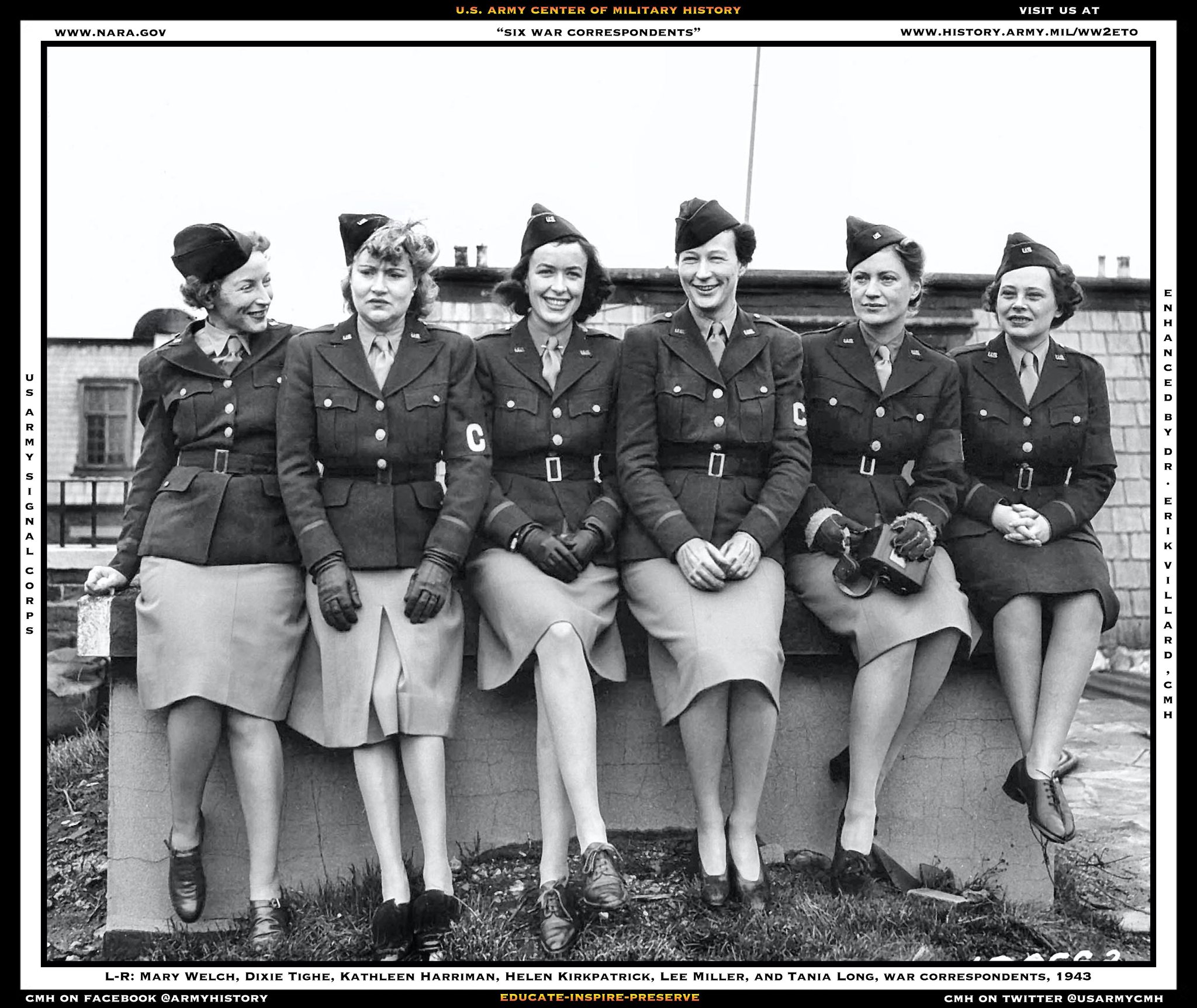 A black and white image titled Six War Correspondents: Text reads: Mary Welch [sic], Dixie Tighe, Kathleen Harriman, Helen Kirkpatrick, Lee Miller, and Tania Long, War Correspondents, 1943.  Six women wearing U.S. WW2 uniforms sit on a concrete wall. One holds a small movie camera.