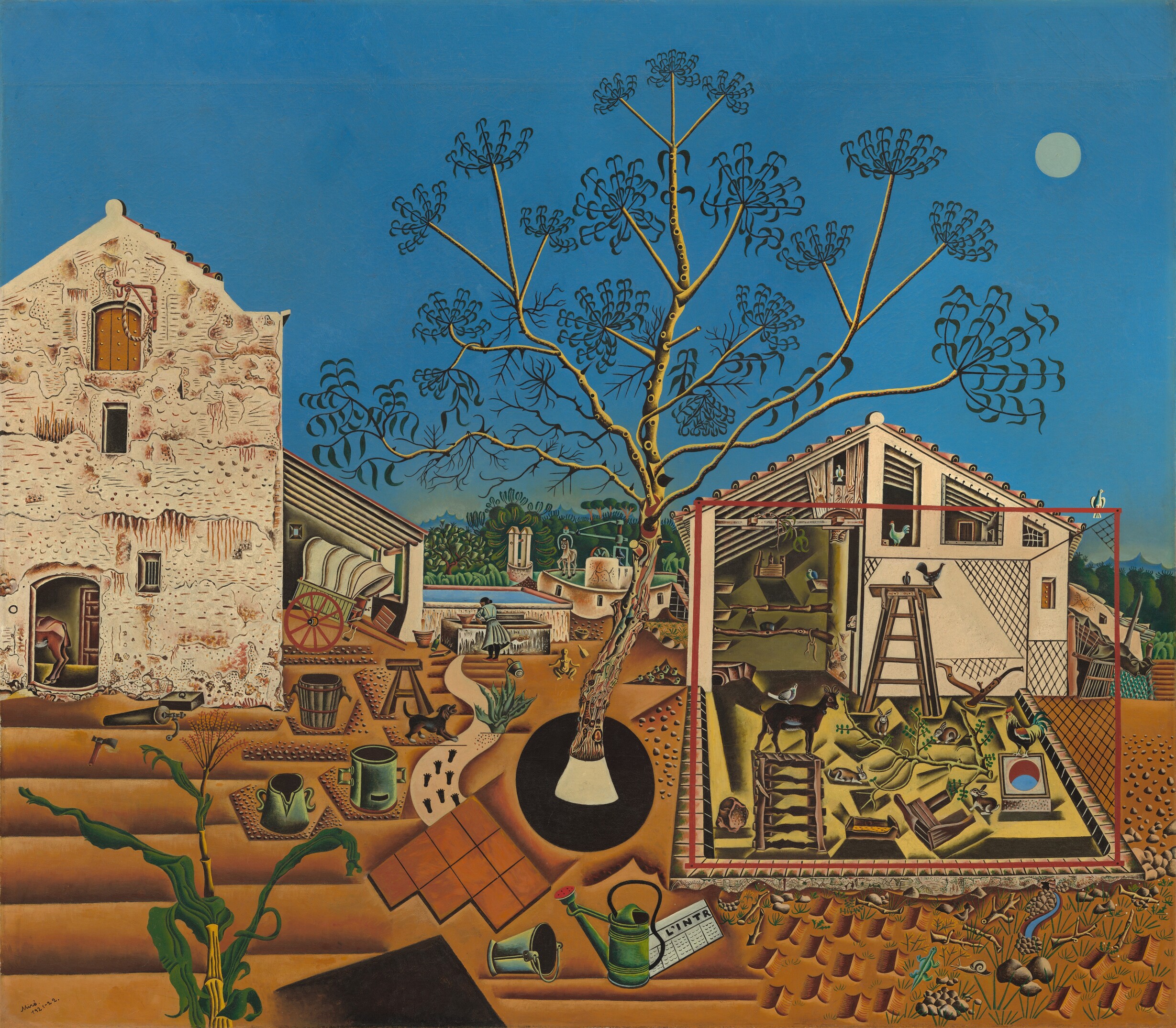 An image of Juan Miró's painting of his family's Catalonian farm. The image shows two farm buildings, a farmyard, and a tree against red earth and blue sky.