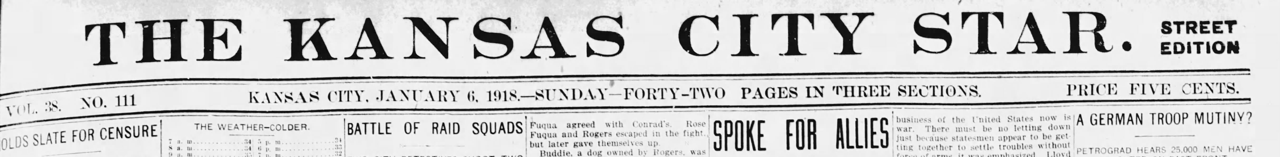 Detail of the masthead and headlines from The Kansas City Star, January 6, 1918.