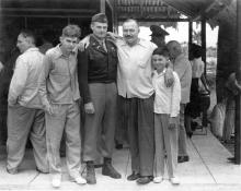 Patrick, John, Ernest, and Gregory Hemingway at Club Cazadores, Cuba, c. 1945.  John Hemingway wears his WW2 service uniform.
