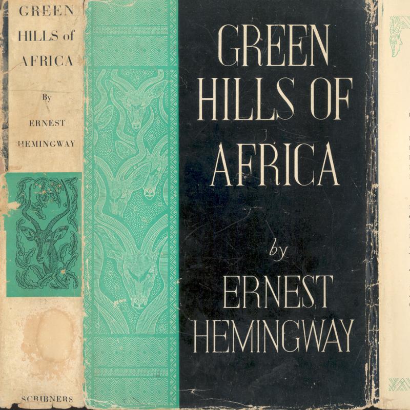 A scan of the 1st edition dustjacket for Hemingway's Green Hills of Africa.  White text on black background with a green sidebar containing stylized images of gazelles.