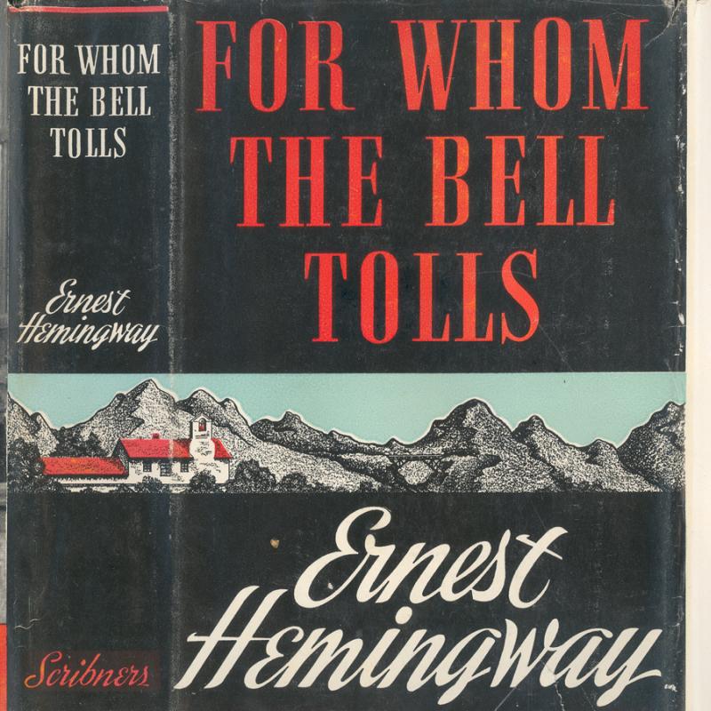 A scan of the 1st edition dustjacket for Hemingway's For Whom the Bell Tolls.  Spine: White text on black.  Front: Title in red on black; aiuthor's name white script on black.  A black, white, blue, and red image of a church in the mountains wraps the spine and front cover.