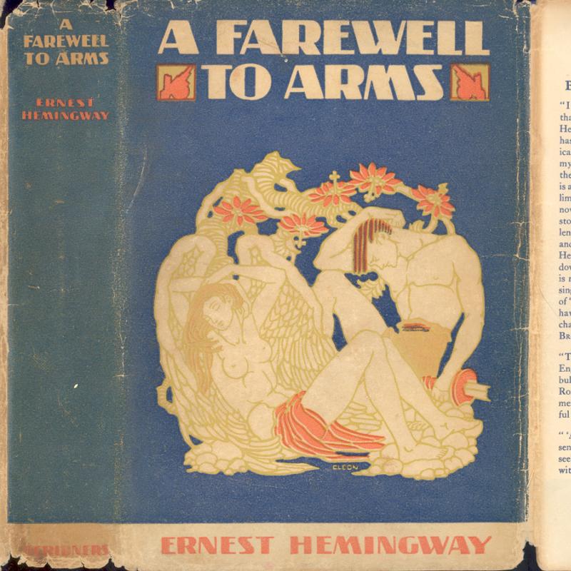 A scan of the 1st edition dustjacket of Hemingway's A Farewell to Arms.  Light tan text and a light tan, gold, and orange image on a blue background.