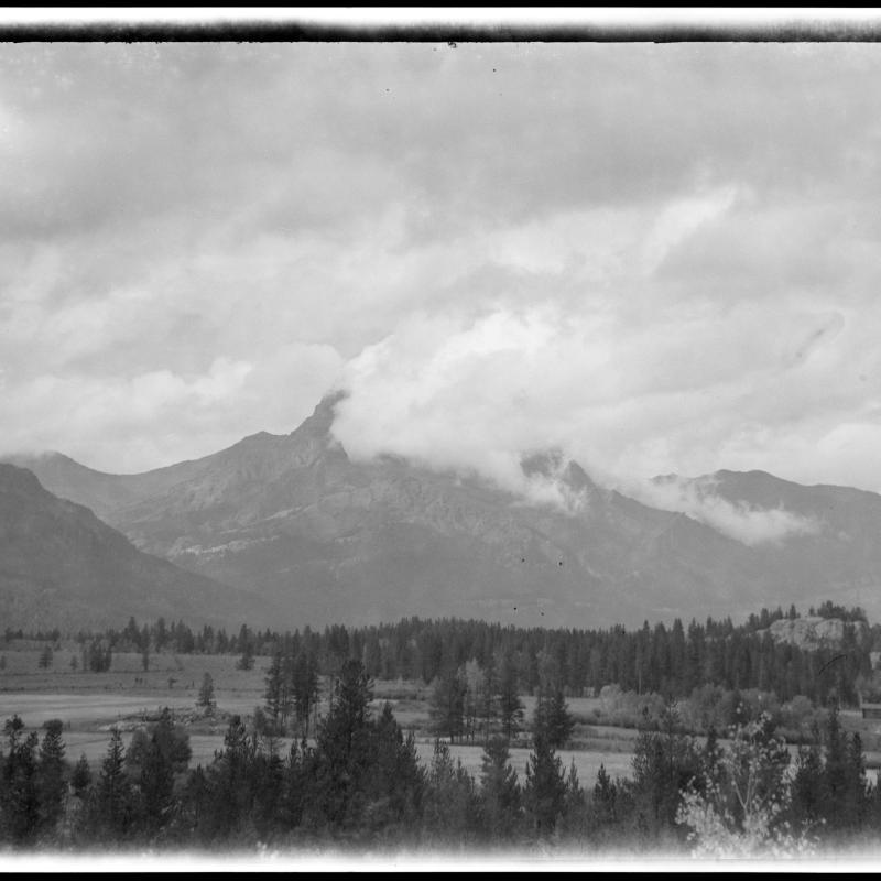 A black and white landscape photograph taken in Wyoming.  Low clouds partially cover distant mountains; in the foreground are meadows edged by conifer trees.