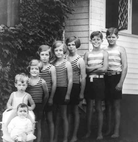 KFC1239P. The Kennedy children (L-R): Jean, Bobby, Patricia, Eunice, Kathleen, Rosemary, Jack, Joe Jr., Hyannis Port, 1928