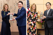 montage of 2 photos of Ambassador Caroline Kennedy presenting the Profile in Courage Award lantern to the leaders of the Republic of Korea and Japan