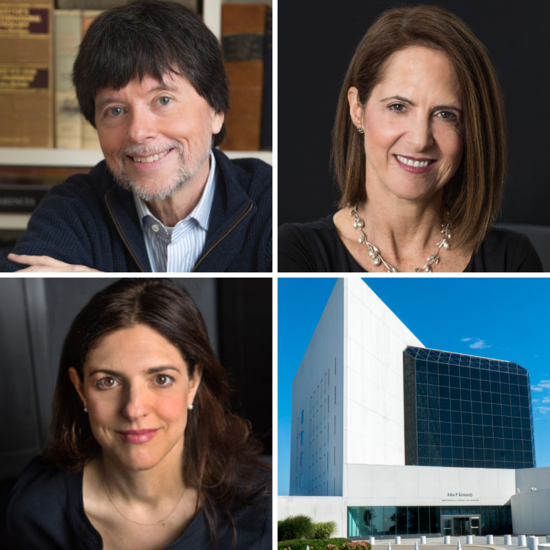 Images of Ken Burns, Lynn Novick, Sarah Botstein, and the exterior of the John F. Kennedy Presidential Library and Museum