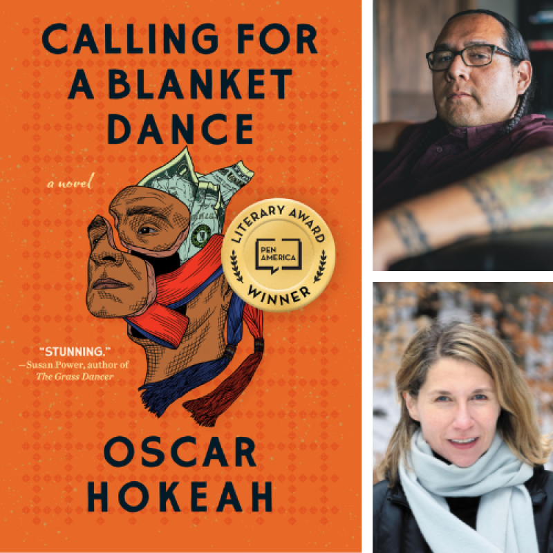 Images of the book cover for "Calling for a Blanket," Oscar Hokeah, and Jennifer Haigh