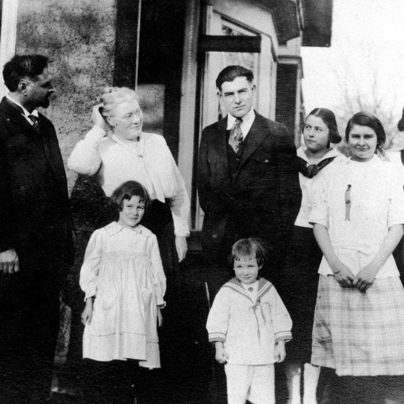 The Hemingway family by their Kenilworth Avenue home, Oak Park, IL.  Shortly before Ernest's departure for WWI.
